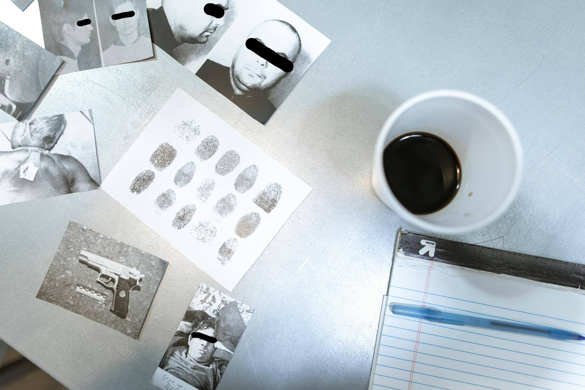 Flat lay of forensic evidence and police investigation documents on a desk.