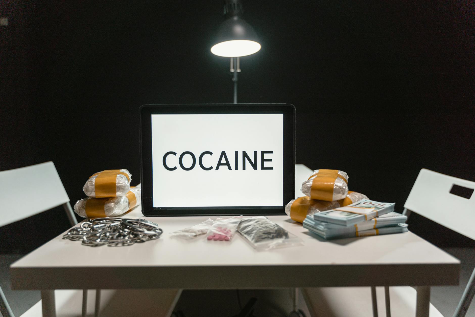 Cocaine word on tablet with bags of drugs in a dimly lit room.